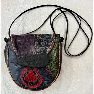 Vintage 80-90s Pinky Bag Leather Croc Snakeskin Purse Patchwork Boho Festival